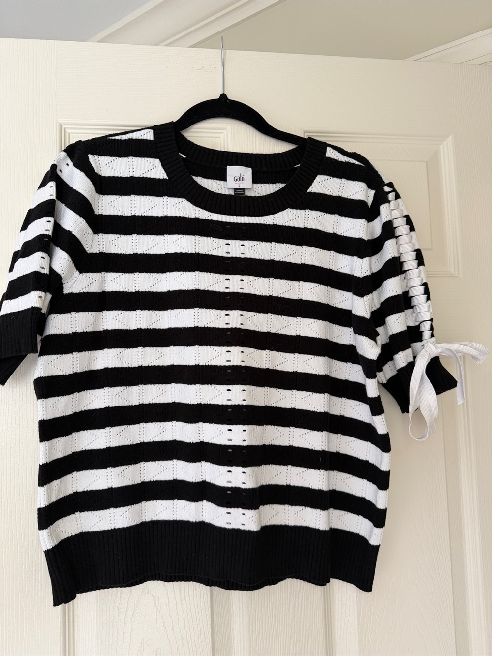 CAbi Black & White Striped Short-Sleeve Knit Sweater with Side Ribbon